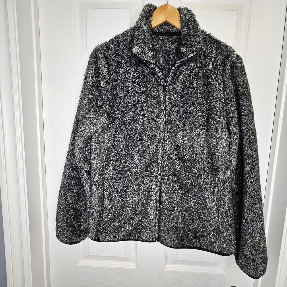 Uniqlo Women's Full-Zip Fleece Teddy Jacket Cozy Grey Black Size L